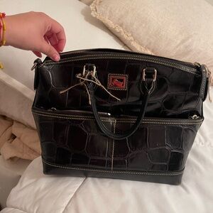 Dooney & Bourke Black Croc-Embossed Satchel with Gold Accents